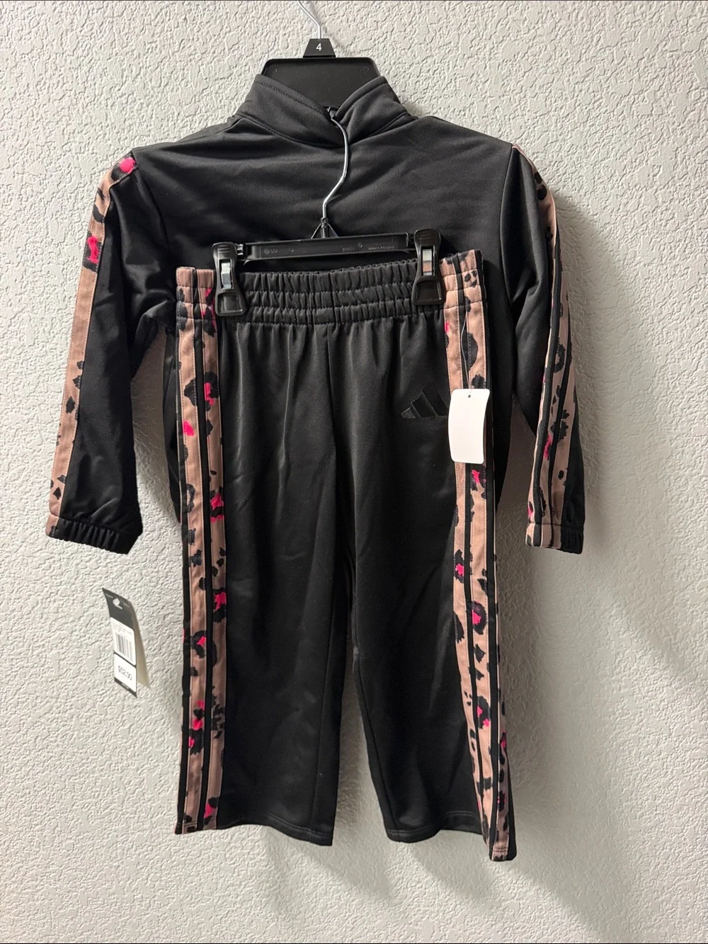 adidas Black Kids Two-Piece Track Set with Pink Leopard Accent